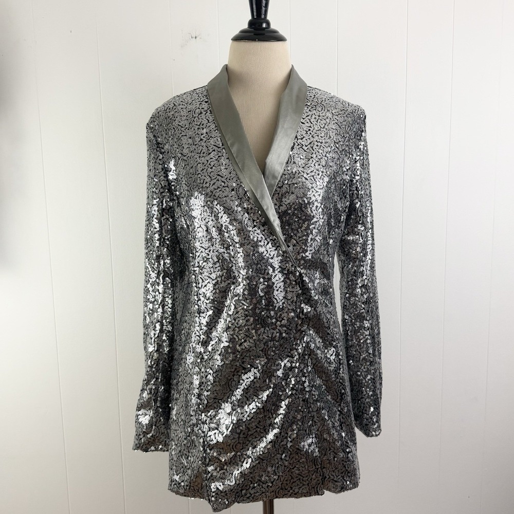 NY&C Silver Sequin JACKET Blazer sz S NEW Disco Glam Party Showgirl Dbl Breasted